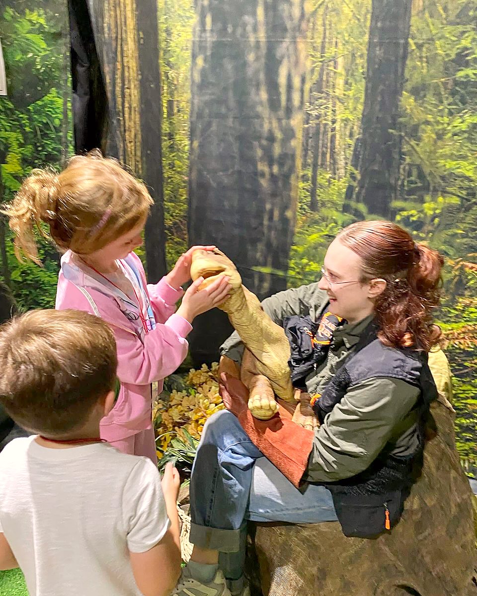 A girl meeting a baby dinosaur held by a smiling dino trainer